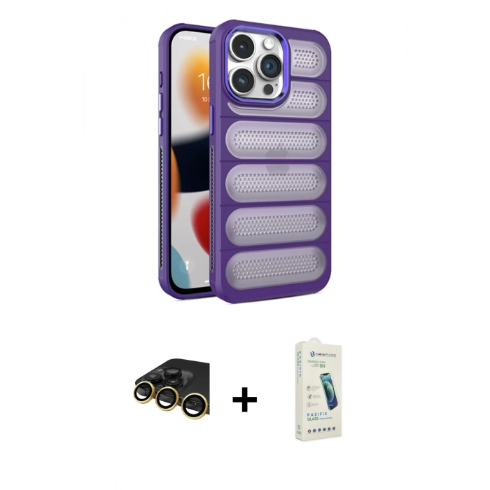 MARSİLYAN™- iPhone 14 Pro Kılıf Yadigar Doku Özel Seri - Şeffaf Pasifik Cam Ekran Koruyucu + Raze Metal Kamera Lens - GD