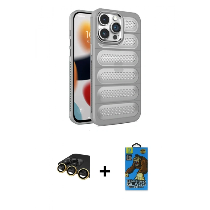 MARSİLYAN™- iPhone 14 Pro Kılıf Yadigar Doku Özel Seri - Siyah 18D Cam Ekran Koruyucu + Raze Metal Kamera Lens - GD