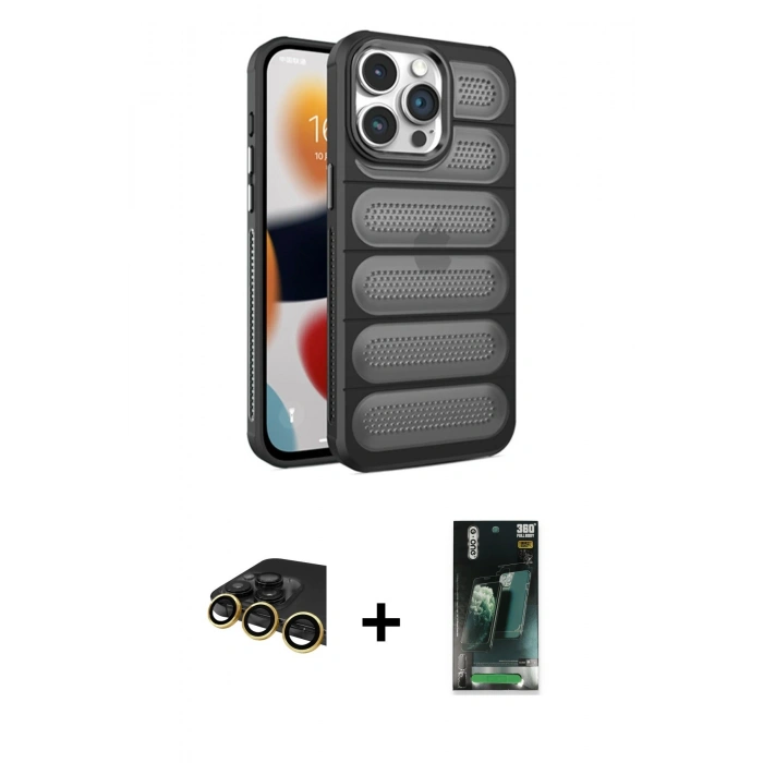 MARSİLYAN™- iPhone 14 Pro Kılıf Yadigar Doku Özel Seri - Siyah 360 Mat Full Body Arka Koruyucu + Raze Metal Kamera Lens - GD