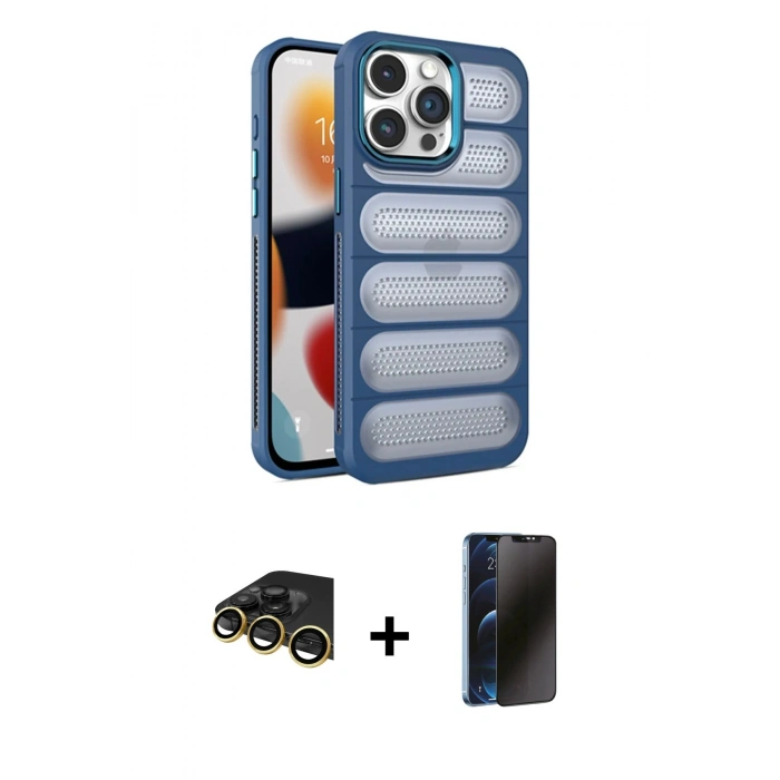 MARSİLYAN™- iPhone 14 Pro Kılıf Yadigar Doku Özel Seri - Siyah 3D Antistatik Hayalet Cam Ekran Koruyucu + Gold Raze Metal Kamera Lens