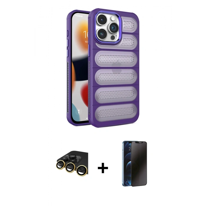 MARSİLYAN™- iPhone 14 Pro Kılıf Yadigar Doku Özel Seri - Siyah 3D Antistatik Hayalet Cam Ekran Koruyucu + Gold Raze Metal Kamera Lens
