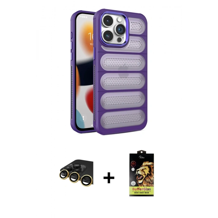 MARSİLYAN™- iPhone 14 Pro Kılıf Yadigar Doku Özel Seri - Siyah Buffer Cam Ekran Koruyucu + Raze Metal Kamera Lens - GD