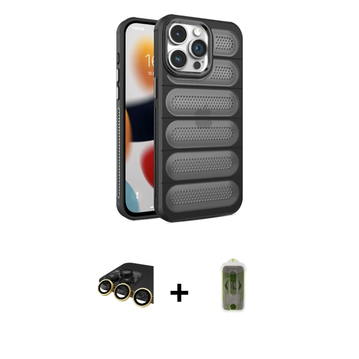 MARSİLYAN™- iPhone 14 Pro Kılıf Yadigar Doku Özel Seri - Siyah Joko Magic 5D Hayalet Cam + Raze Metal Kamera Lens - GD