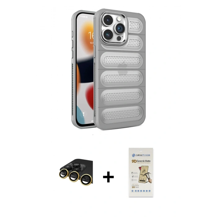 MARSİLYAN™- iPhone 14 Pro Kılıf Yadigar Doku Özel Seri - Siyah Mat Seramik Nano Ekran Koruyucu + Raze Metal Kamera Lens - GD