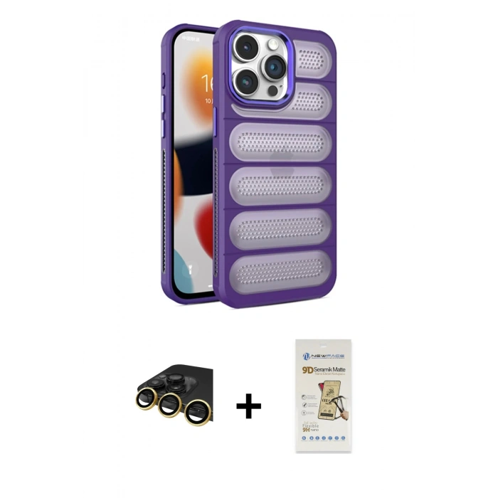 MARSİLYAN™- iPhone 14 Pro Kılıf Yadigar Doku Özel Seri - Siyah Mat Seramik Nano Ekran Koruyucu + Raze Metal Kamera Lens - GD