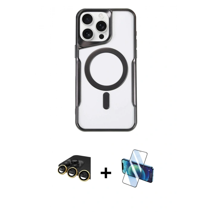 MARSİLYAN™- iPhone 14 Pro Kılıf Yadigar Klasik Özel Seri - Siyah 3D Antistatik Cam Ekran Koruyucu + Raze Metal Kamera Lens - GD