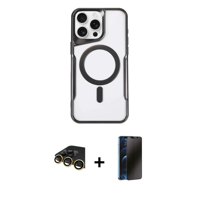 MARSİLYAN™- iPhone 14 Pro Kılıf Yadigar Klasik Özel Seri - Siyah 3D Antistatik Hayalet Cam Ekran Koruyucu + Raze Metal Kamera Lens - GD