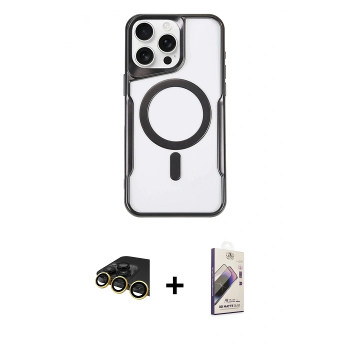 MARSİLYAN™- iPhone 14 Pro Kılıf Yadigar Klasik Özel Seri - Siyah Bilvis 3D Mat Cam Ekran Koruyucu + Raze Metal Kamera Lens - GD