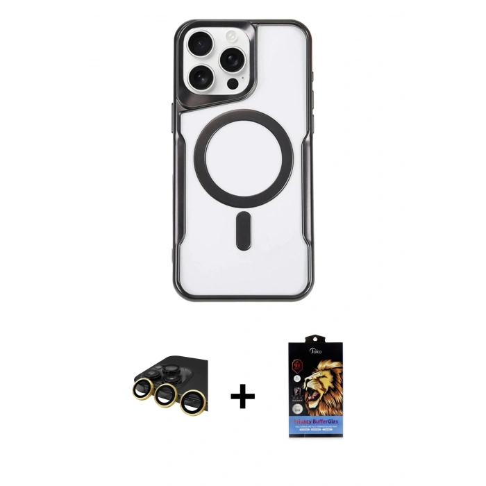 MARSİLYAN™- iPhone 14 Pro Kılıf Yadigar Klasik Özel Seri - Siyah Buffer Hayalet Cam Ekran Koruyucu + Raze Metal Kamera Lens - GD