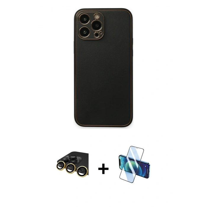MARSİLYAN™- iPhone 14 Pro Kılıf Yadigar Klasik - Siyah 3D Antistatik Cam Ekran Koruyucu + Raze Metal Kamera Lens - GD