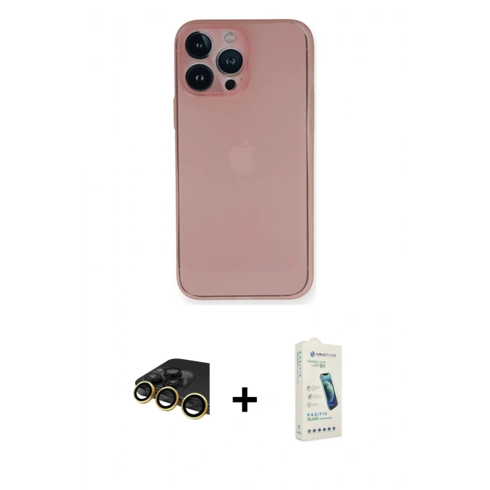 MARSİLYAN™- iPhone 14 Pro Kılıf Yadigar Yansıma Serisi - Şeffaf Pasifik Cam Ekran Koruyucu + Gold Raze Metal Kamera Lens