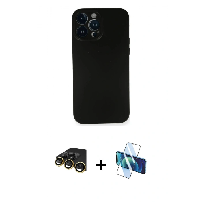 MARSİLYAN™- iPhone 14 Pro Kılıf Yadigar Yansıma Serisi - Siyah 3D Antistatik Cam Ekran Koruyucu + Raze Metal Kamera Lens - GD