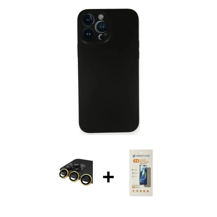 MARSİLYAN™- iPhone 14 Pro Kılıf Yadigar Yansıma Serisi - Siyah 6D Mat Seramik Hayalet Nano Ekran Koruyucu + Raze Metal Kamera Lens - GD