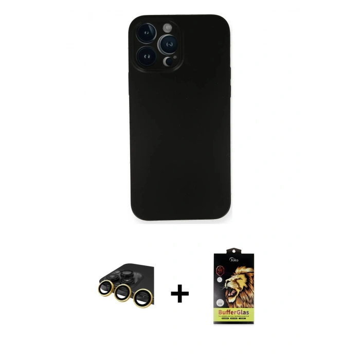 MARSİLYAN™- iPhone 14 Pro Kılıf Yadigar Yansıma Serisi - Siyah Buffer Cam Ekran Koruyucu + Raze Metal Kamera Lens - GD