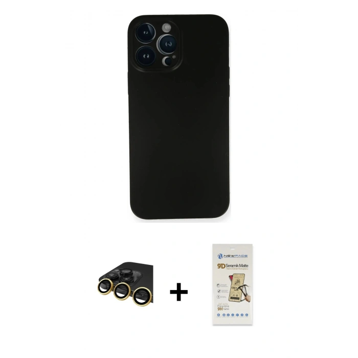 MARSİLYAN™- iPhone 14 Pro Kılıf Yadigar Yansıma Serisi - Siyah Mat Seramik Nano Ekran Koruyucu + Raze Metal Kamera Lens - GD
