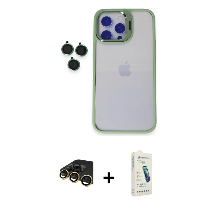 MARSİLYAN™- iPhone 14 Pro Kılıf Yankı Asil Serisi - Şeffaf Pasifik Cam Ekran Koruyucu + Raze Metal Kamera Lens - GD