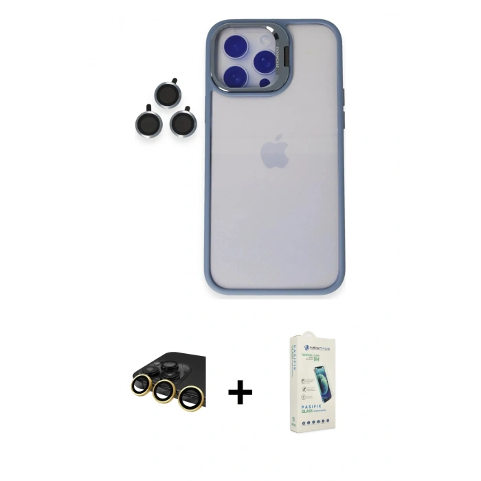 MARSİLYAN™- iPhone 14 Pro Kılıf Yankı Asil Serisi - Şeffaf Pasifik Cam Ekran Koruyucu + Raze Metal Kamera Lens - GD