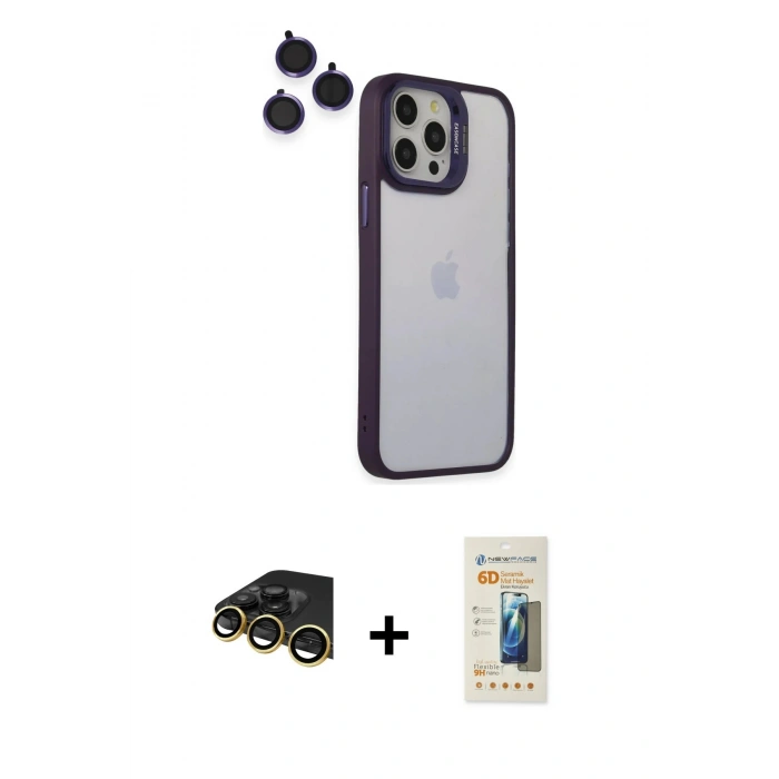 MARSİLYAN™- iPhone 14 Pro Kılıf Yankı Asil Serisi - Siyah 6D Mat Seramik Hayalet Nano Ekran Koruyucu + Raze Metal Kamera Lens - GD