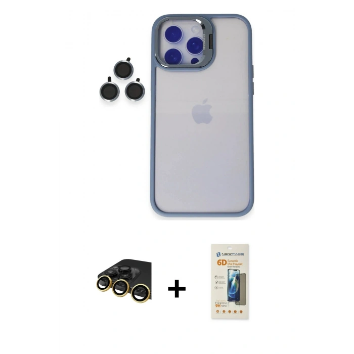 MARSİLYAN™- iPhone 14 Pro Kılıf Yankı Asil Serisi - Siyah 6D Mat Seramik Hayalet Nano Ekran Koruyucu + Raze Metal Kamera Lens - GD