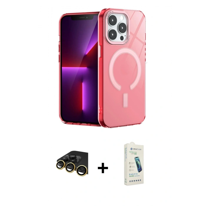 MARSİLYAN™- iPhone 14 Pro Kılıf Yankı Çizgi - Şeffaf Pasifik Cam Ekran Koruyucu + Raze Metal Kamera Lens - GD