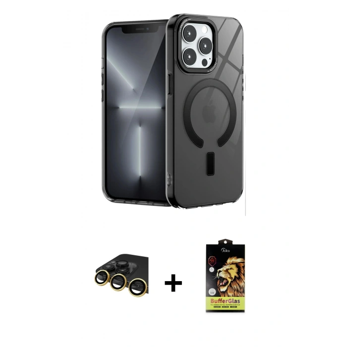 MARSİLYAN™- iPhone 14 Pro Kılıf Yankı Çizgi - Siyah Buffer Cam Ekran Koruyucu + Raze Metal Kamera Lens - GD