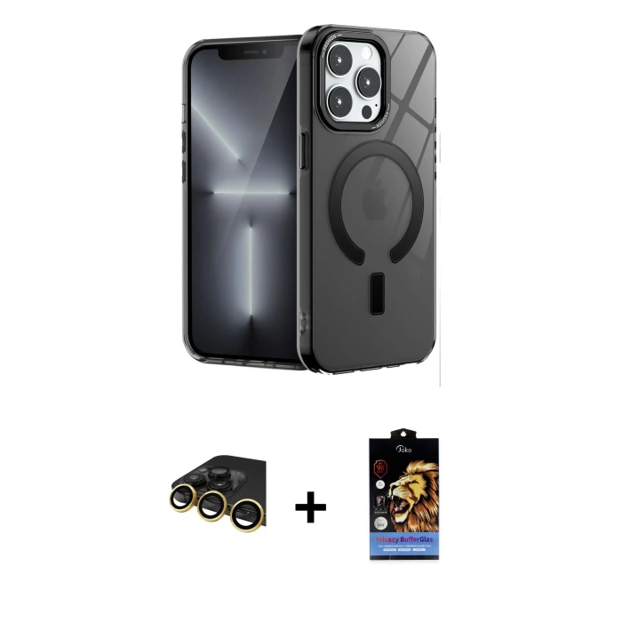MARSİLYAN™- iPhone 14 Pro Kılıf Yankı Çizgi - Siyah Buffer Hayalet Cam Ekran Koruyucu + Raze Metal Kamera Lens - GD