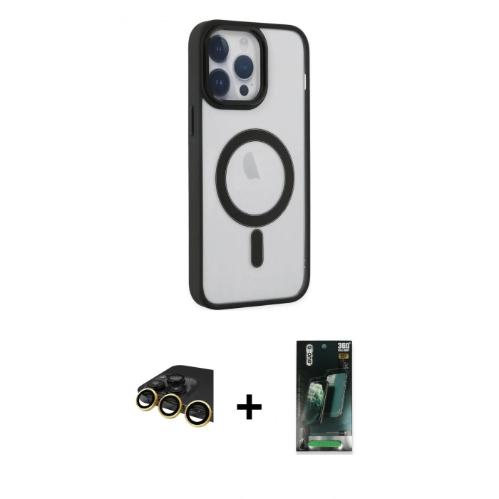 MARSİLYAN™- iPhone 14 Pro Kılıf Yankı Işık Özel Seri - Siyah 360 Mat Full Body Arka Koruyucu + Raze Metal Kamera Lens - GD