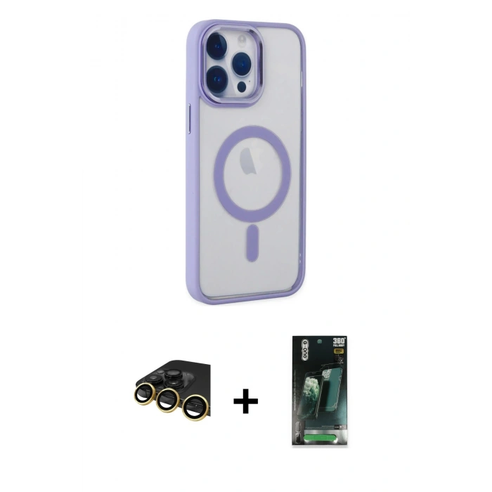 MARSİLYAN™- iPhone 14 Pro Kılıf Yankı Işık Özel Seri - Siyah 360 Mat Full Body Arka Koruyucu + Raze Metal Kamera Lens - GD