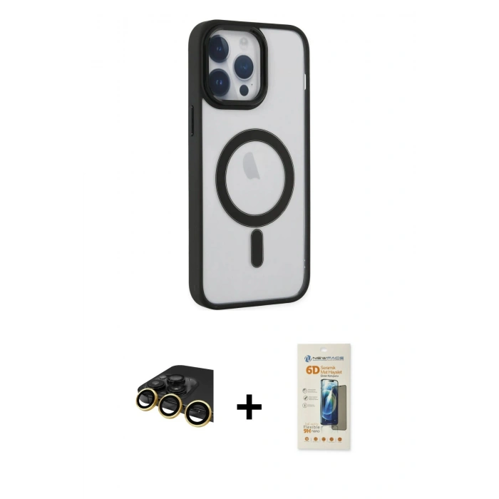 MARSİLYAN™- iPhone 14 Pro Kılıf Yankı Işık Özel Seri - Siyah 6D Mat Seramik Hayalet Nano Ekran Koruyucu + Raze Metal Kamera Lens - GD