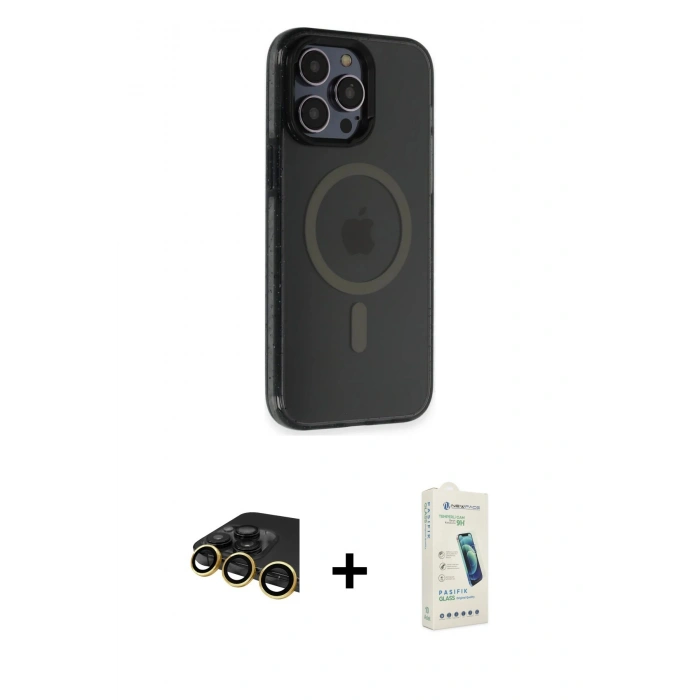 MARSİLYAN™- iPhone 14 Pro Kılıf Yankı Işık Prime - Şeffaf Pasifik Cam Ekran Koruyucu + Raze Metal Kamera Lens - GD