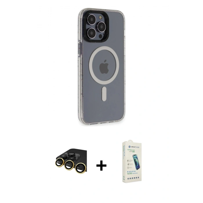 MARSİLYAN™- iPhone 14 Pro Kılıf Yankı Işık Prime - Şeffaf Pasifik Cam Ekran Koruyucu + Raze Metal Kamera Lens - GD