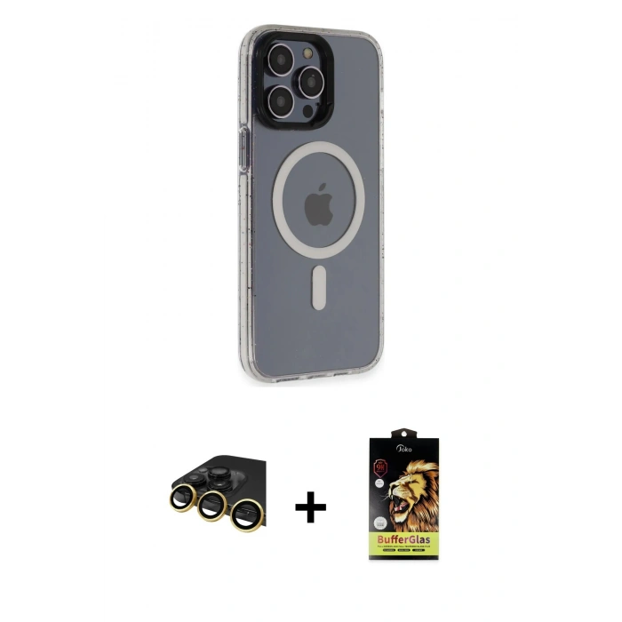 MARSİLYAN™- iPhone 14 Pro Kılıf Yankı Işık Prime - Siyah Buffer Cam Ekran Koruyucu + Raze Metal Kamera Lens - GD