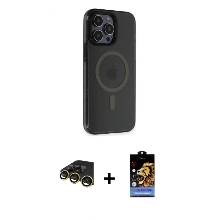 MARSİLYAN™- iPhone 14 Pro Kılıf Yankı Işık Prime - Siyah Buffer Hayalet Cam Ekran Koruyucu + Raze Metal Kamera Lens - GD
