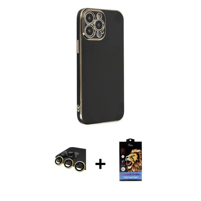 MARSİLYAN™- iPhone 14 Pro Kılıf Yankı Serisi - Siyah Buffer Hayalet Cam Ekran Koruyucu + Raze Metal Kamera Lens - GD