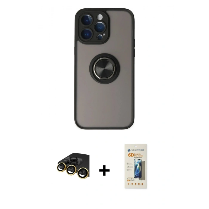 MARSİLYAN™- iPhone 14 Pro Kılıf Yörünge Çizgi - Siyah 6D Mat Seramik Hayalet Nano Ekran Koruyucu + Raze Metal Kamera Lens - GD
