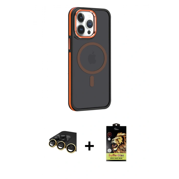 MARSİLYAN™- iPhone 14 Pro Kılıf Yörünge Klasik - Siyah Buffer Cam Ekran Koruyucu + Raze Metal Kamera Lens - GD