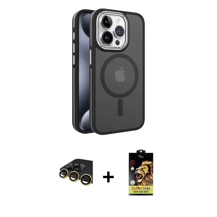 MARSİLYAN™- iPhone 14 Pro Kılıf Yörünge Klasik - Siyah Buffer Cam Ekran Koruyucu + Raze Metal Kamera Lens - GD