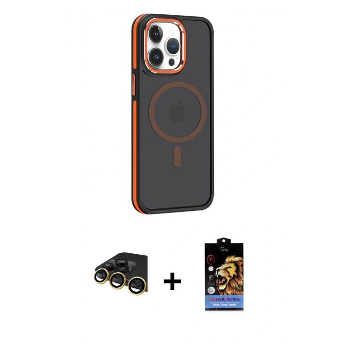 MARSİLYAN™- iPhone 14 Pro Kılıf Yörünge Klasik - Siyah Buffer Hayalet Cam Ekran Koruyucu + Raze Metal Kamera Lens - GD
