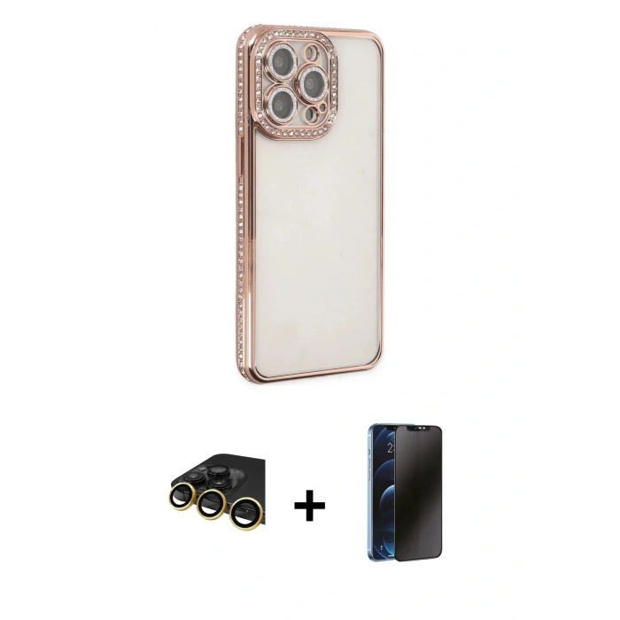 MARSİLYAN™- iPhone 14 Pro Kılıf Yörünge Koleksiyonu - Siyah 3D Antistatik Hayalet Cam Ekran Koruyucu + Raze Metal Kamera Lens - GD