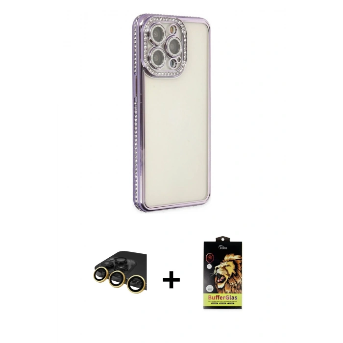 MARSİLYAN™- iPhone 14 Pro Kılıf Yörünge Koleksiyonu - Siyah Buffer Cam Ekran Koruyucu + Raze Metal Kamera Lens - GD