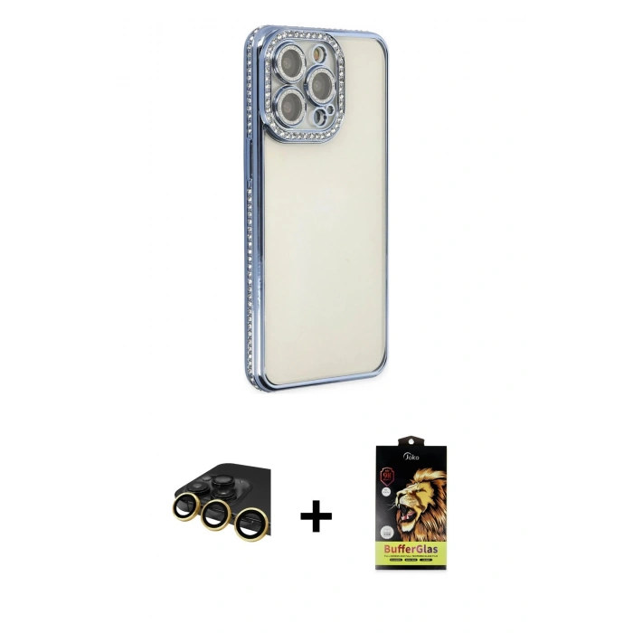 MARSİLYAN™- iPhone 14 Pro Kılıf Yörünge Koleksiyonu - Siyah Buffer Cam Ekran Koruyucu + Raze Metal Kamera Lens - GD
