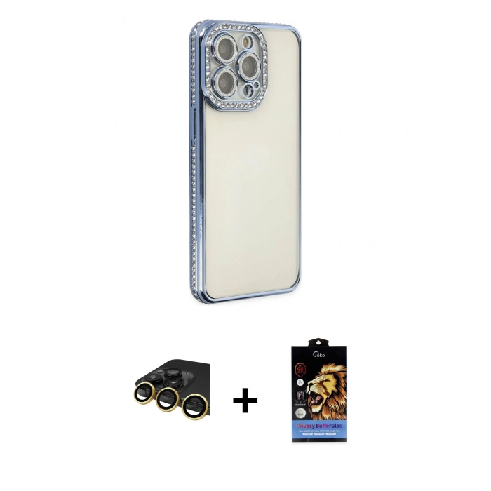 MARSİLYAN™- iPhone 14 Pro Kılıf Yörünge Koleksiyonu - Siyah Buffer Hayalet Cam Ekran Koruyucu + Raze Metal Kamera Lens - GD