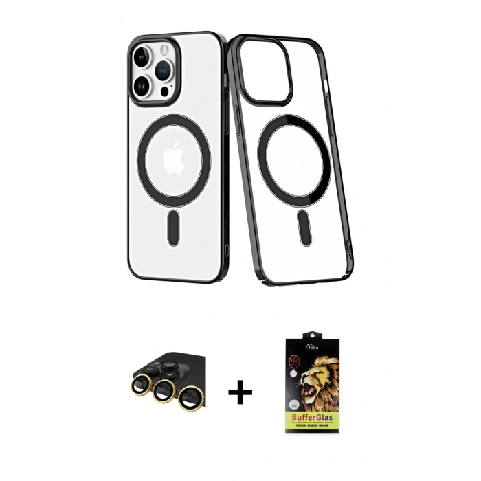 MARSİLYAN™- iPhone 14 Pro Kılıf Yörünge Minimal - Siyah Buffer Cam Ekran Koruyucu + Raze Metal Kamera Lens - GD