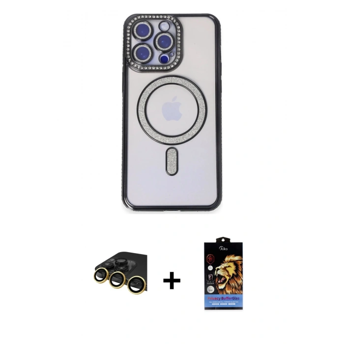MARSİLYAN™- iPhone 14 Pro Kılıf Zirve Doku Prime - Siyah Buffer Hayalet Cam Ekran Koruyucu + Raze Metal Kamera Lens - GD