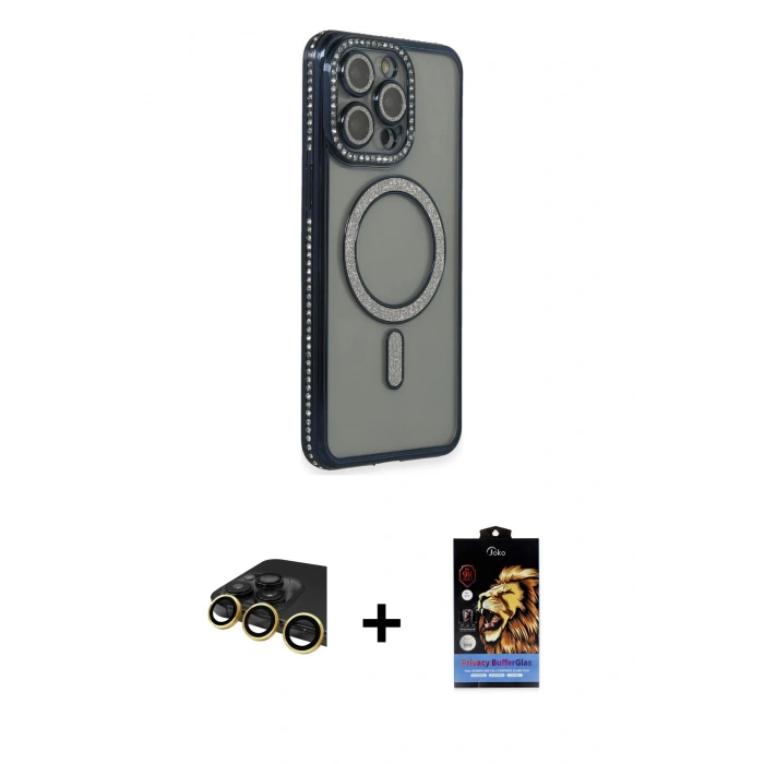 MARSİLYAN™- iPhone 14 Pro Kılıf Zirve Doku Prime - Siyah Buffer Hayalet Cam Ekran Koruyucu + Raze Metal Kamera Lens - GD