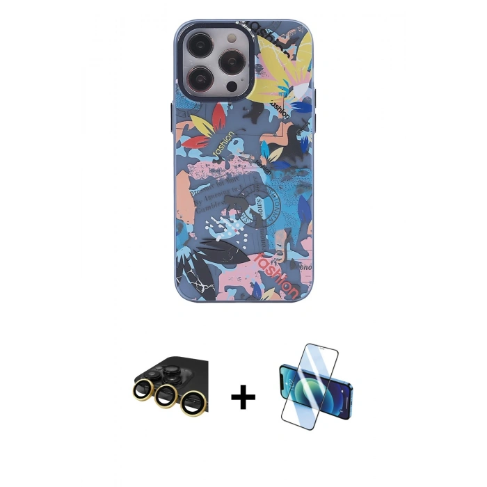 MARSİLYAN™- iPhone 14 Pro Kılıf Zirve Form Özel Seri - Siyah 3D Antistatik Cam Ekran Koruyucu + Raze Metal Kamera Lens - GD