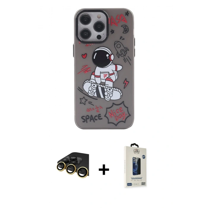 MARSİLYAN™- iPhone 14 Pro Kılıf Zirve Form Özel Seri - Siyah Bilvis Hayalet Cam Ekran Koruyucu + Raze Metal Kamera Lens - GD