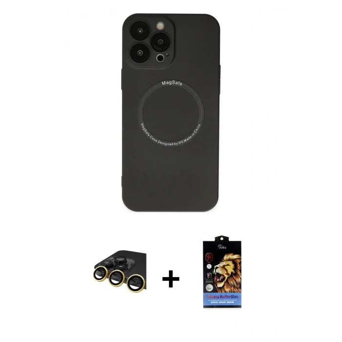 MARSİLYAN™- iPhone 14 Pro Kılıf Zirve Klasik Prime - Siyah Buffer Hayalet Cam Ekran Koruyucu + Raze Metal Kamera Lens - GD