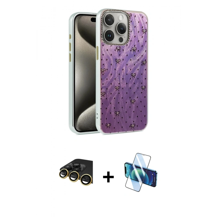MARSİLYAN™- iPhone 14 Pro Kılıf Zirve Modern Prime - Siyah 3D Antistatik Cam Ekran Koruyucu + Raze Metal Kamera Lens - GD