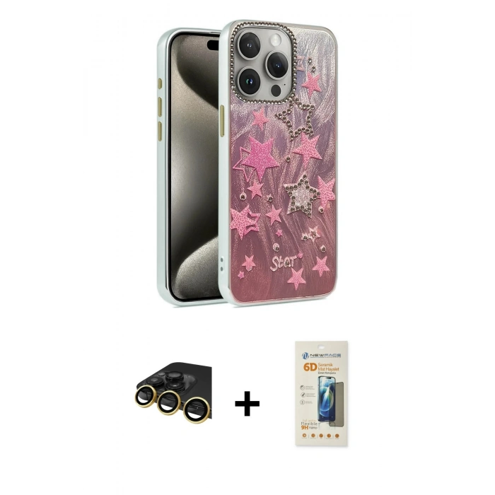MARSİLYAN™- iPhone 14 Pro Kılıf Zirve Modern Prime - Siyah 6D Mat Seramik Hayalet Nano Ekran Koruyucu + Raze Metal Kamera Lens - GD